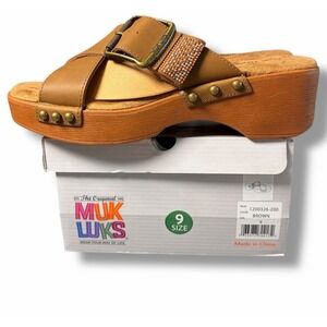 MUK LUKS Charlotte Brown Women's 9 Slip On Boho Sandal Buckle Beaded Chunky NEW
